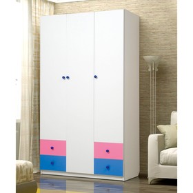 Шкаф 3-х дверный «Радуга», 1200 × 490 × 2100 мм, цвет белый/ярко-розовый/синий