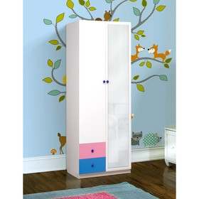 Шкаф 2-х дверный с зеркалом «Радуга», 800 × 490 × 2100 мм, цвет белый/ярко-розовый/синий