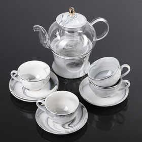 Набор чайный «Марбер», 10 предметов: чайник на подставке с ситом 700 мл, 4 чашки 130 мл, 4 блюдца 12 см