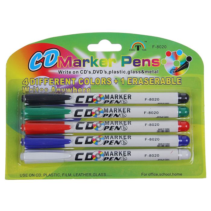 Набор маркеров для CD/DVD, 5 цветов: красный, чёрный, синий, зелёный, стирающий, 2.0 мм, на блистере