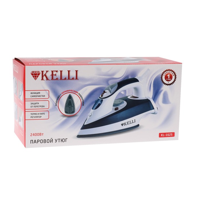 Утюг KELLI Kl-1625, 2400 Вт, керамическая подошва, функция самоочистки, бело-синий 4213370 - фото 32323