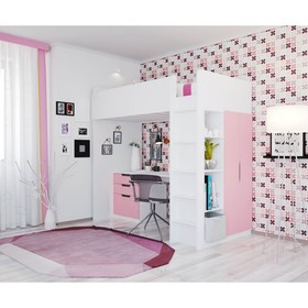 Кроватка-чердак Polini kids Simple с письменным столом и шкафом, цвет белый-роза