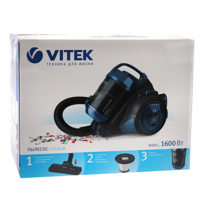 Пылесос VITEK VT-8120, 1600/250 Вт, черно-синий 4231315 - фото 23015