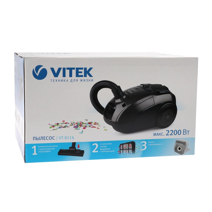 Пылесос VITEK VT-8116, 2200/350 Вт, мешок 4 л, черный 4231316 - фото 42847