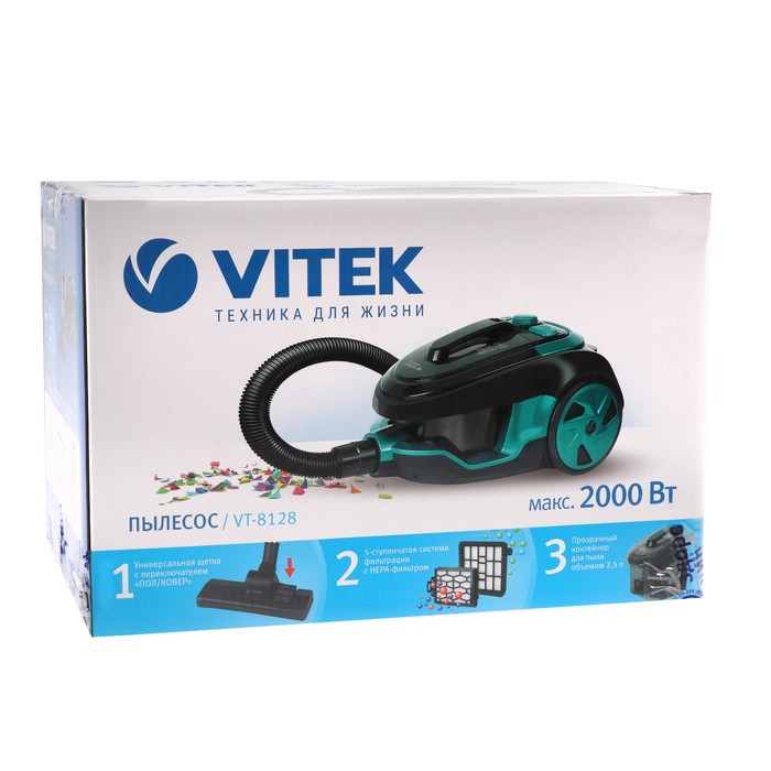 Пылесос VITEK VT-8128, 2000/350 Вт, циклон, черно-зеленый 4231314 - фото 37730