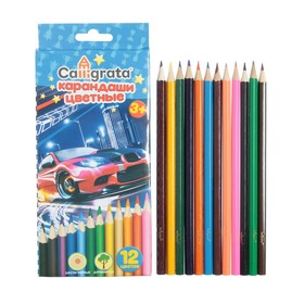 Карандаши цветные Calligrata "Машинка", 12 цветов, корпус шестигранный (деревянный) - фото 12019763