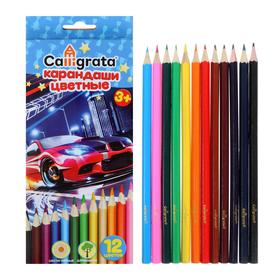 Карандаши цветные Calligrata "Машинка", 12 цветов, корпус шестигранный (деревянный) - фото 7902428