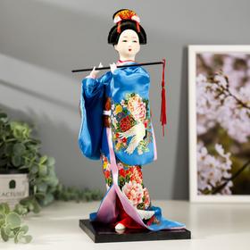 Кукла коллекционная "Японка в шелковом голубом кимоно с флейтой" 30х12,5х12,5 см в Донецке
