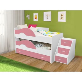 Кровать двухъярусная выкатная Матрешка Розовый/белый 800х1600 с ящиком и лестницей