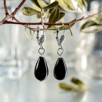 Earrings silver plated, handmade "black agate" drop