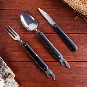 Tourist kit 5 in 1: knife, fork, spoon, bottle opener, nail file, pen black