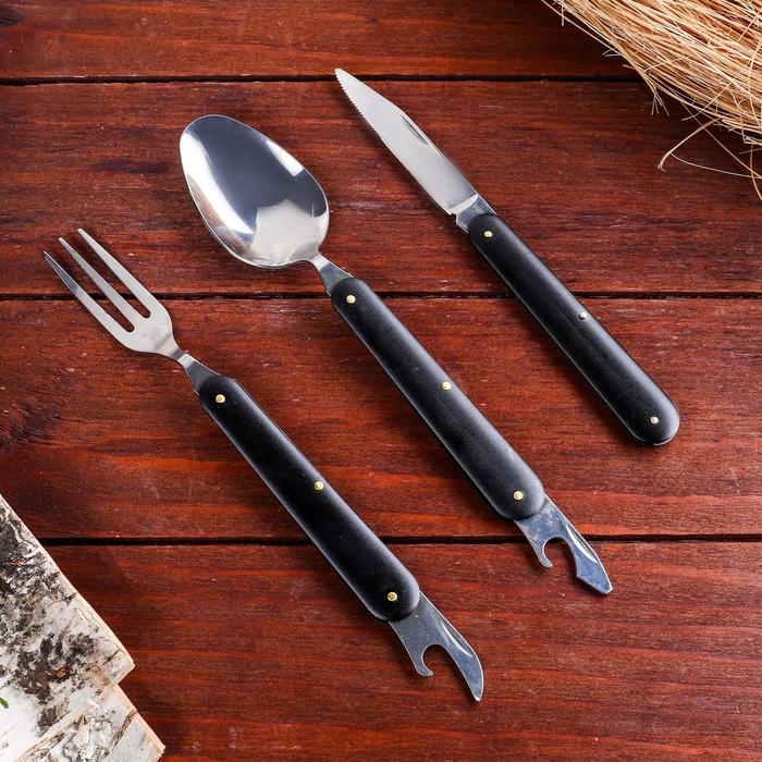 Набор туриста 5в1: нож, вилка, ложка, открывалка, пилка, ручка чёрная
