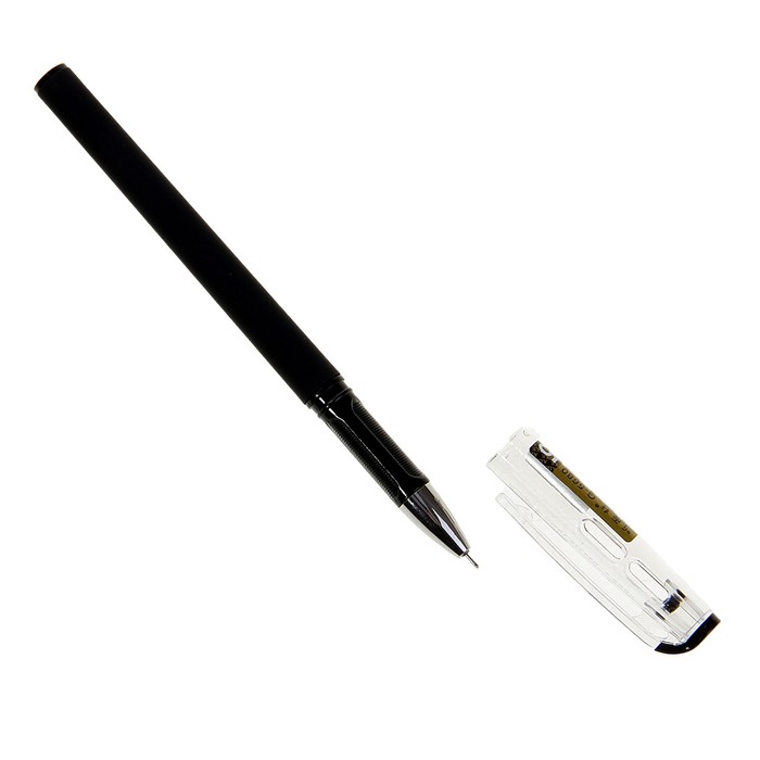 Ручка гелевая 0,5мм черная матовая, черный корпус с рифлёным держателем, игольчатый пишущий узел