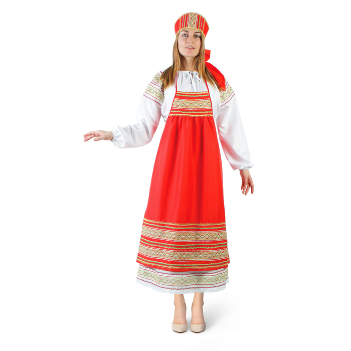 Русский женский костюм "Пелагея", платье, красный фартук, кокошник, р. 44-46, рост 172 см