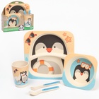 Набор детской посуды «Пингвинёнок», из бамбука, 5 предметов: тарелка, миска, стакан, столовые приборы - фото 706681