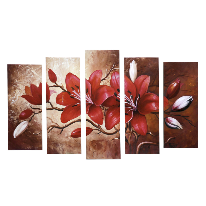 Картина модульная на подрамнике "Красные цветы" 125х80 см (2-25х63, 2-25х70, 1-25х80) - фото 946618