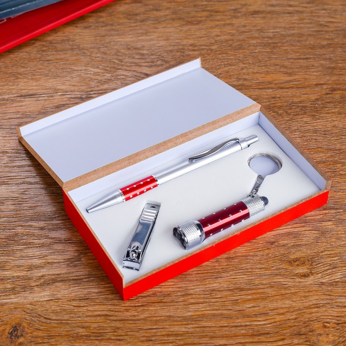 Подарочный набор, 3 предмета в коробке: ручка, кусачки, фонарик