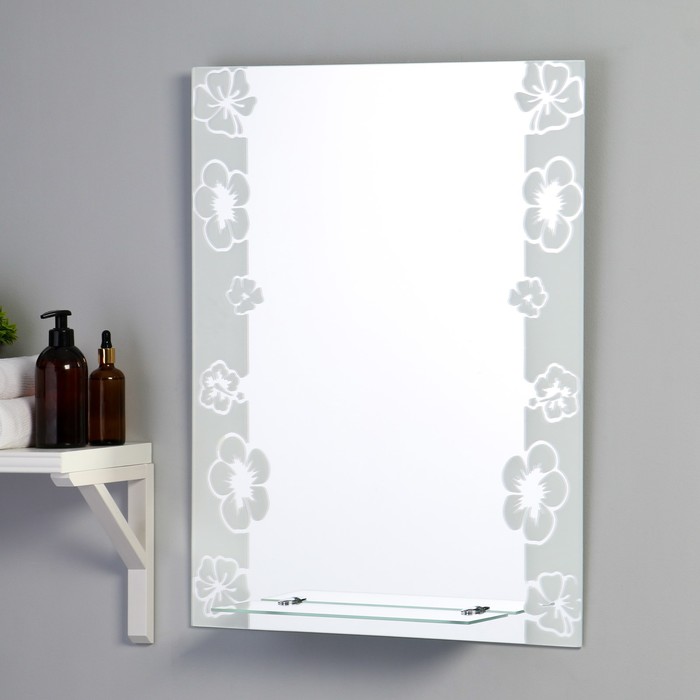 Зеркало «Флора», с пескоструйной графикой, настенное, с полочкой, 53,5×68,5 см - фото 8368250