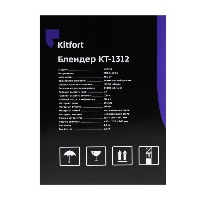 Блендер Kitfort КТ-1312, стационарный, 450 Вт, 1 л, 2 скорости, кофемолка, серебристый - фото 37195