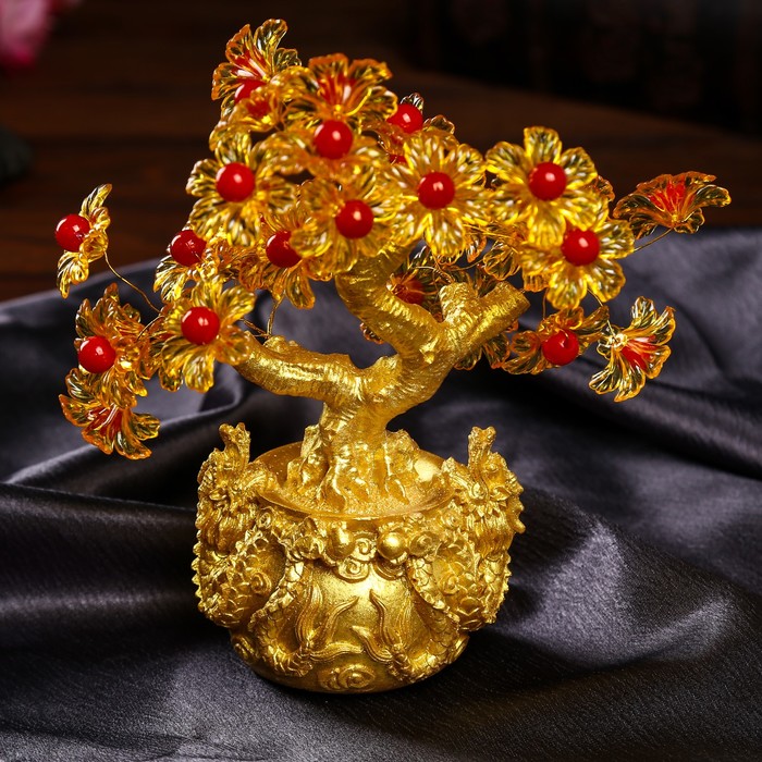 Сувенир бонсай "Цветочное денежное дерево в мешке со львами" 35 цветов 18х18х7,5 см