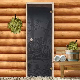 Дверь для бани и сауны стеклянная "Мишки", размер коробки 190×70см, 6мм, бронза