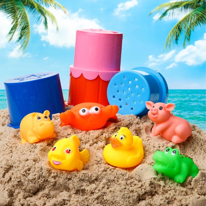 Резиновые игрушки и ведёрко. Набор для купания и игры в песке. Цвет МИКС