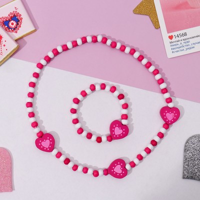 Children set "Vibracula" 2 pieces: necklace, bracelet, hearts, stripe, color white-pink