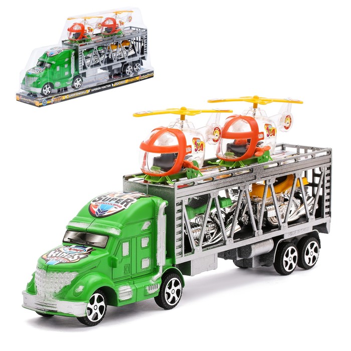 Грузовик инерционный "Автовоз", с 2 вертолетами и 2 мотоциклами, цвета МИКС
