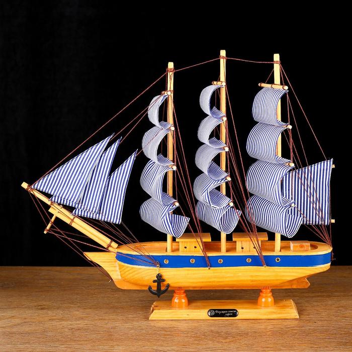 Корабль сувенирный средний «Трёхмачтовый», борта светлое дерево с голубой полосой, паруса белые, 40 х 7,5 х 38 см