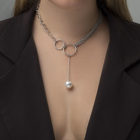 Necklace with pearls "Link", white silver, 32 cm