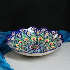 Ляган Риштанская Керамика "Цветы", 33 см, синий, рифлёный