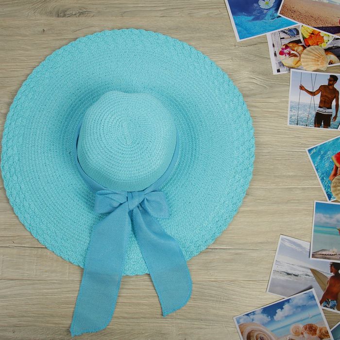 Шляпа пляжная &quot;Муза&quot; с бантом, цвет голубой, цвет бежевый, обхват головы 58 см, ширина полей 15 см