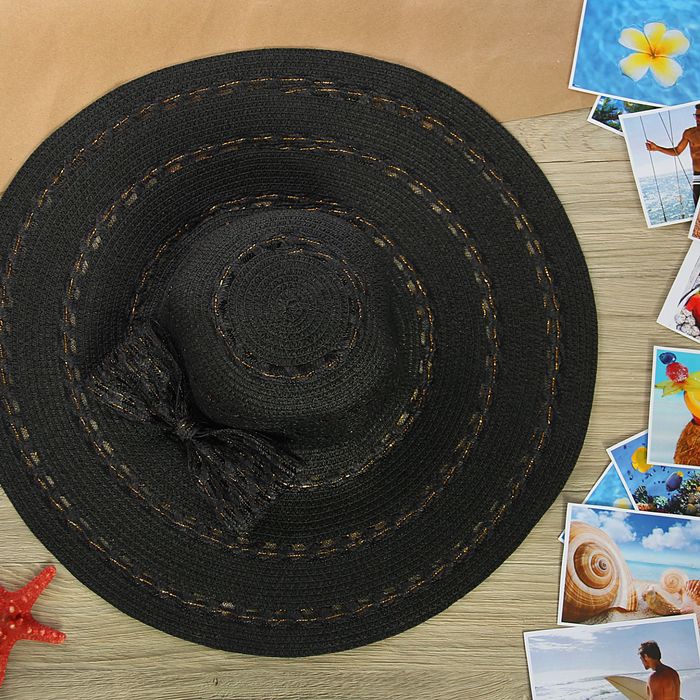 Шляпа пляжная &quot;Бант&quot; с золотой тесьмой, цвет чёрный, обхват головы 58 см, ширина полей 14 см