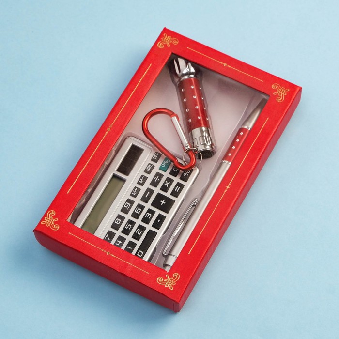 Набор подарочный 3в1 (ручка, калькулятор, фонарик красный)