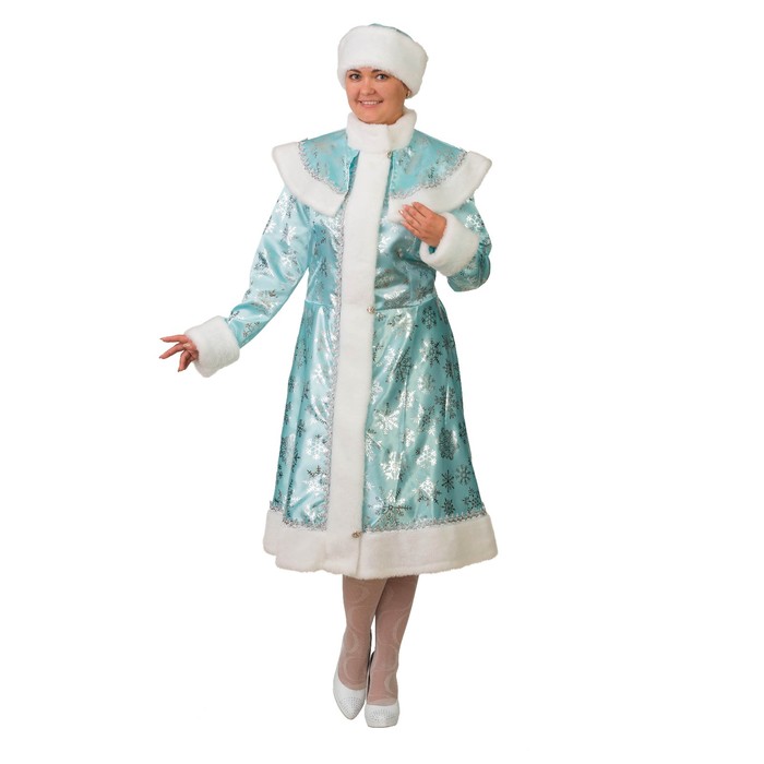 Карнавальный костюм "Снегурочка  сатин бирюза со снежинками", шуба, шапка, р.54-56 - фото 955067