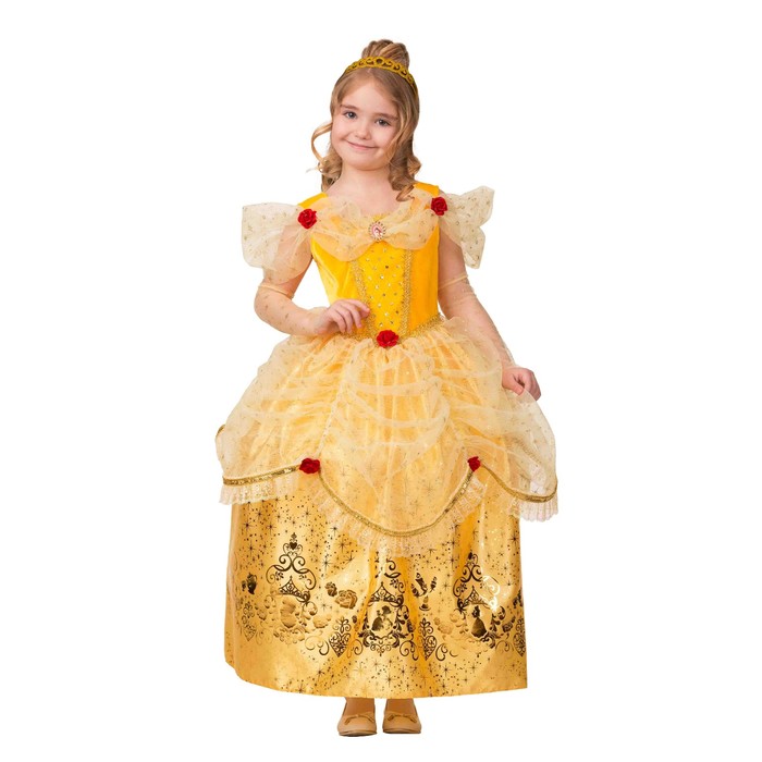 Карнавальный костюм «Принцесса Белль», текстиль-принт, платье, перчатки, брошь, р. 32, рост 122 см - фото 956706