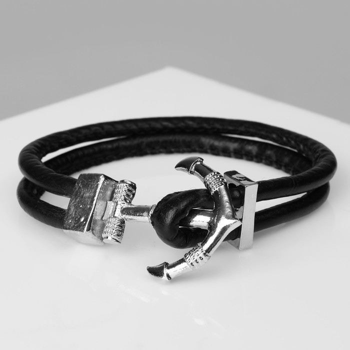 Браслет мужской "Безмятежность" якорь, цвет чёрный в серебре, L=21,5 см