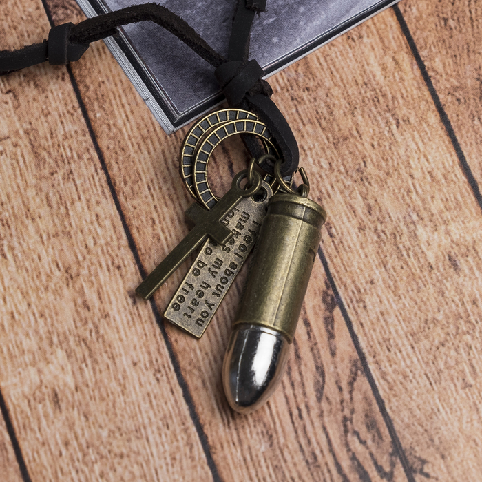 Мужской кулон "Резон" пуля, цвет чернёное золото с чернёным серебром на корич шн, 80 см - фото 798338072
