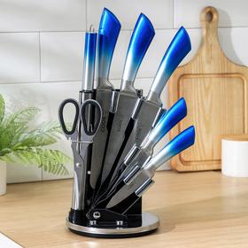 Набор ножей «Иллюзия»: лезвие 8 см, 11,5 см, 17 см, 20 см, 20 см, мусат, ножницы, цвет синий