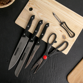 Набор кухонный, 6 предметов: ножи 12,5 см, 17 см, 17,5 см, ножницы 21 см, овощечистка 14 см, доска разделочная, цвет чёрный