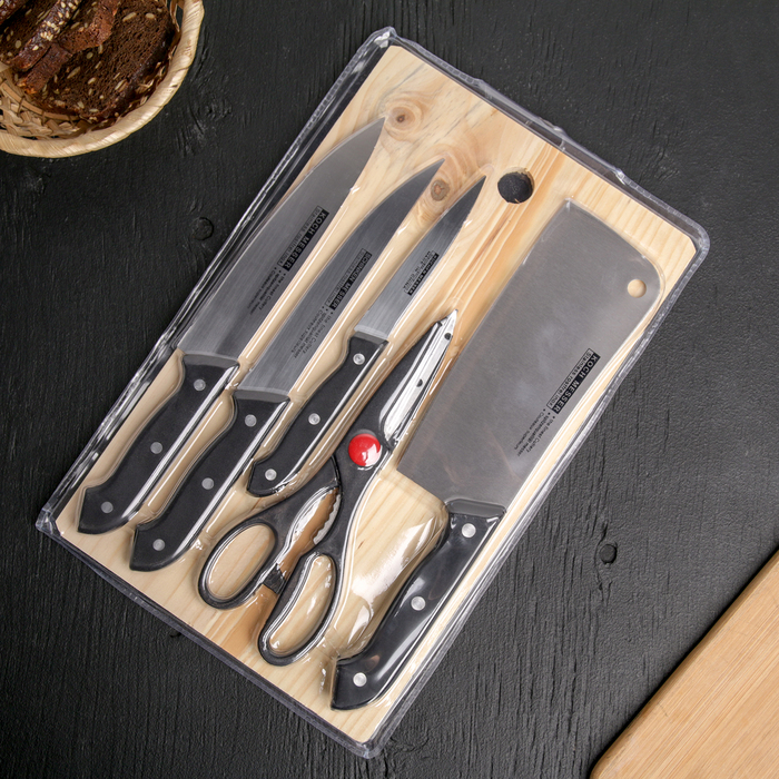 Набор кухонный, 5 предметов, 4 ножа 10,5 см, 16,5 см, 16,5 см, 17 см, ножницы 21,5 см, цвет чёрный - фото 798339104
