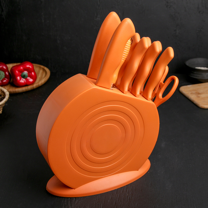 Набор кухонных принадлежностей на подставке, 8 ножей, ножеточка, ножницы, цвет оранжевый - фото 798339113