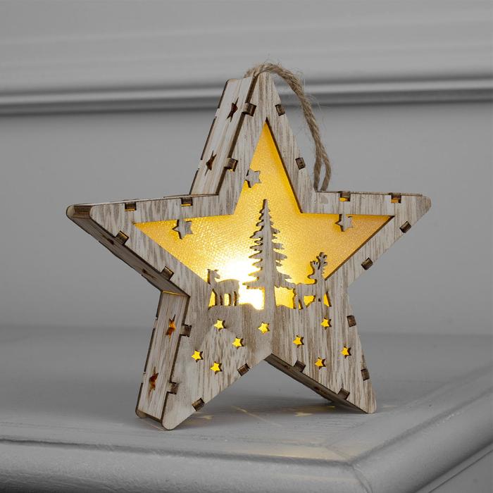 Фигура деревянная звезда "Елка и олени", 14х13х3 см, бат(в компл.), 1 LED, Т/БЕЛЫЙ