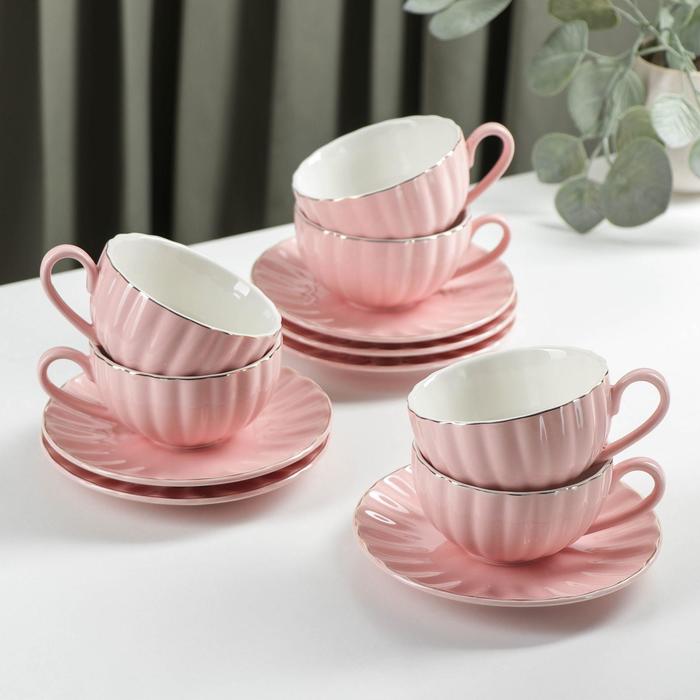 Чайный сервиз Доляна «Вивьен»: 6 чашек 200 мл, 6 блюдец d=15 см, цвет розовый - фото 3786002