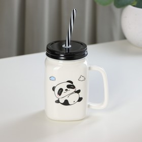 Кружка «Панда», 420 мл, с металлической крышкой и трубочкой, без выбора рисунка