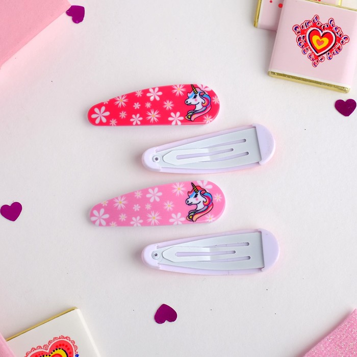 Невидимка для волос "Весёлый глянец" (набор 4 шт) единороги 5 см, розовый - фото 798351324