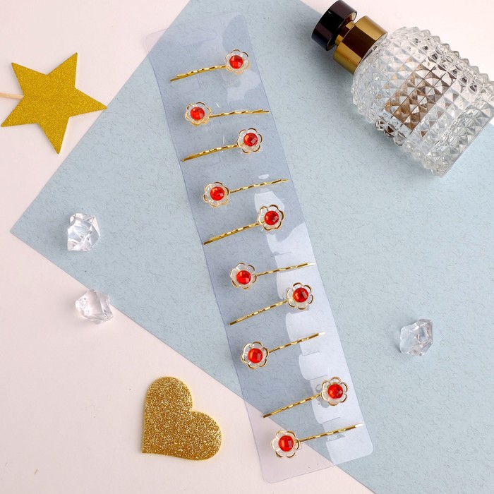 Невидимка для волос "Аленький цветочек" (набор 5 пар) цветок 4 см, красно-золотой - фото 798354046