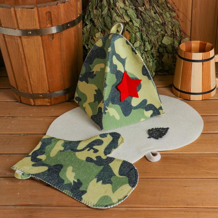 Набор для бани и сауны «Камуфляж»: шапка, рукавица, коврик, бело-зелёный