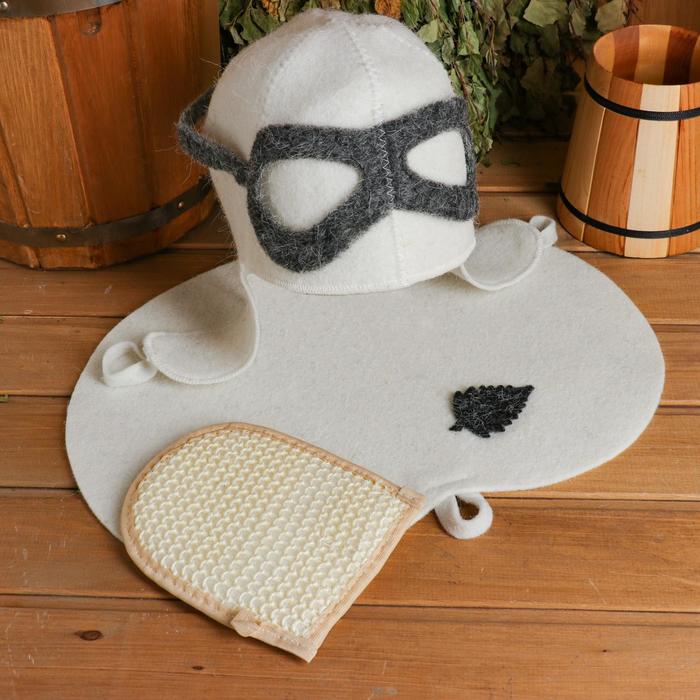 Набор банный с вышивкой «Пилот»: шапка, коврик, мочалка, текстиль, белый