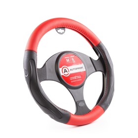 Оплетка руля Autoprofi, экокожа, обхват 9 см, чёрный/красный, размер М, 37-39 см 4722089